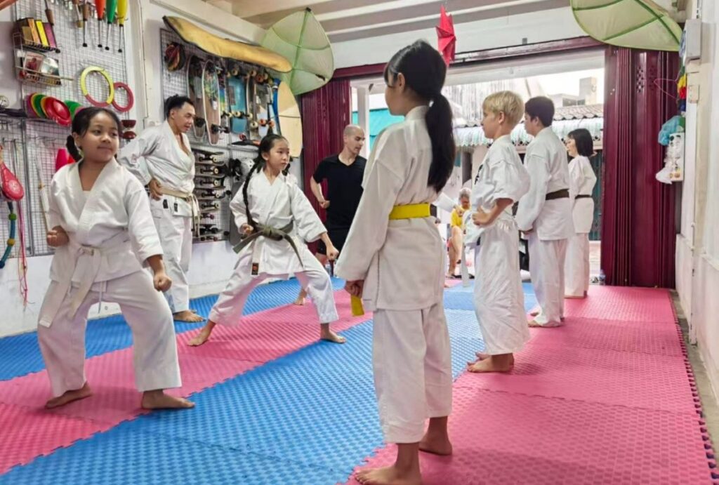 Children in karate uniforms practising techniques in the studio