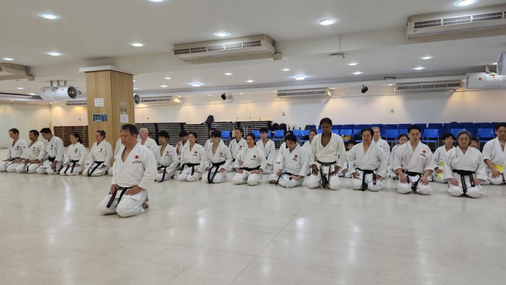 Participants kneeling in seiza in rows at the start of training