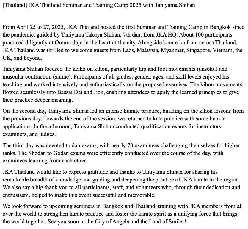 Report on the JKA Thailand Seminar and Training Camp 2025 with Taniyama Shihan